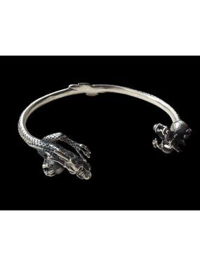 Vintage Sterling Silver Dragon Head Serpent Skull Holding Ball Cuff Bracelet